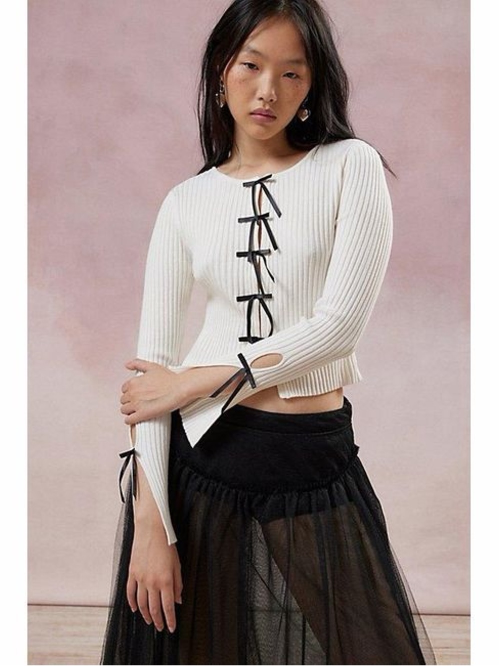 White Ribbed Long-Sleeve Tie-Front Top new no tags never worn bows detail Large